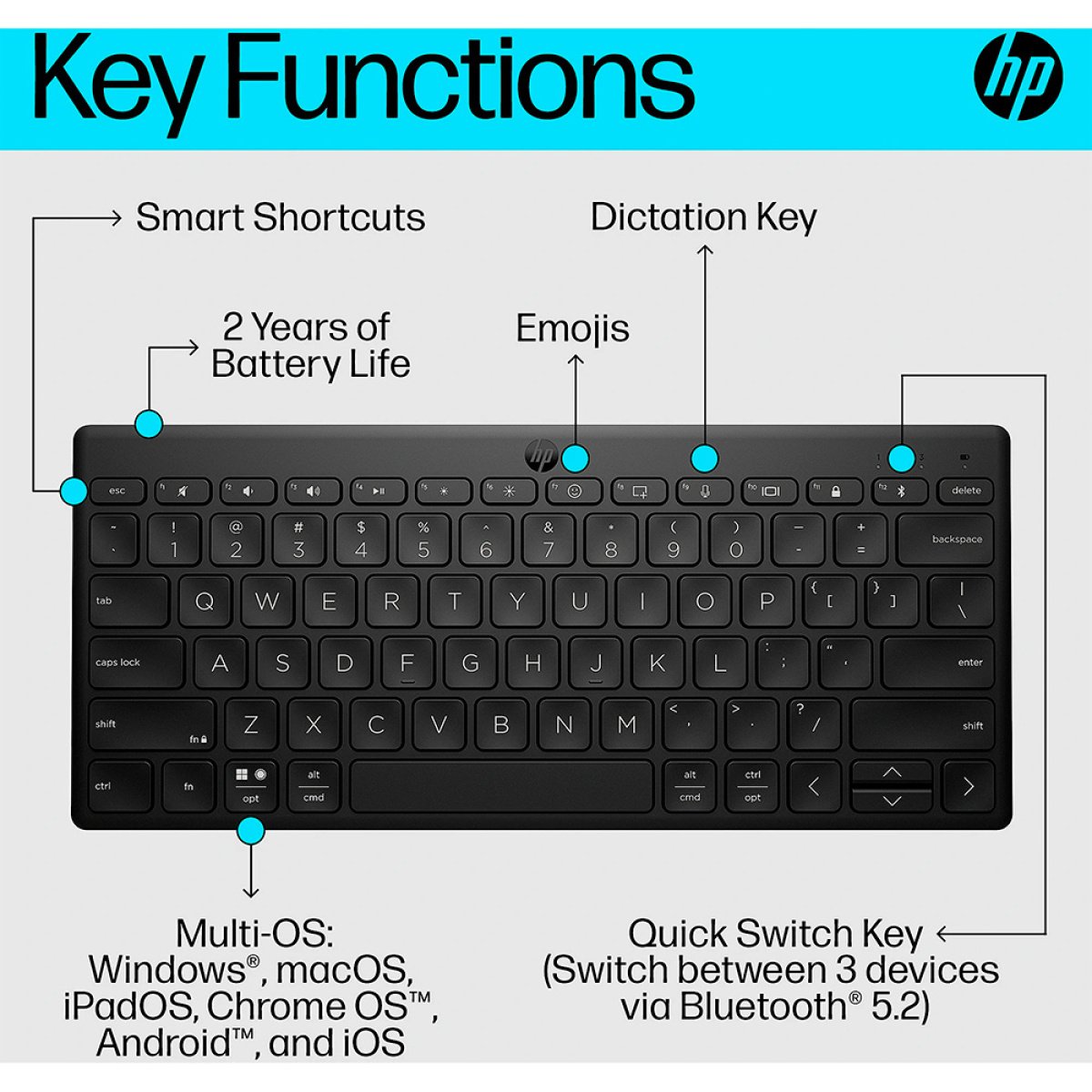Teclado HP 350 Compact Multi-Device Bluetooth PT Preto - Image 2