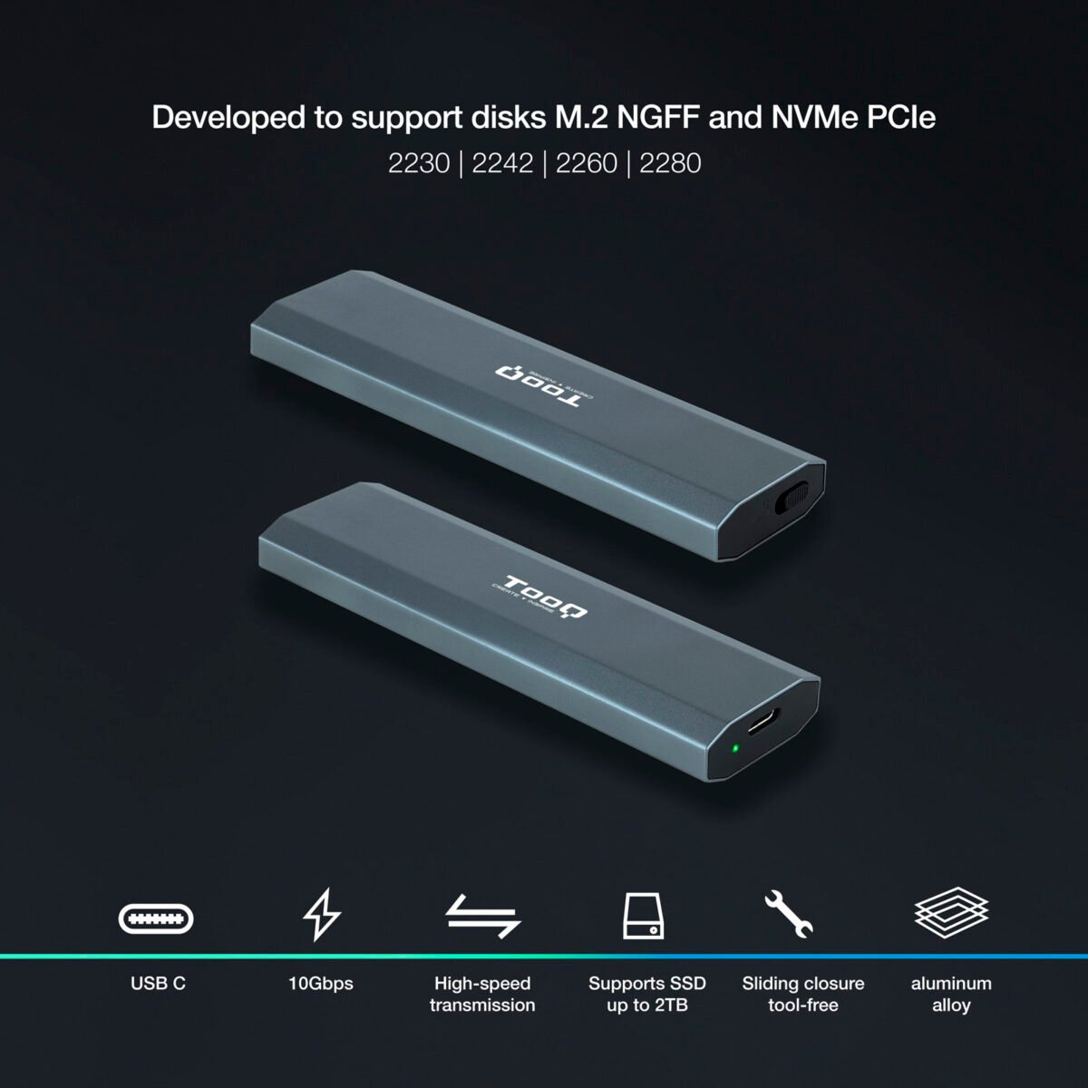 Caixa SSD Tooq M.2 NGFF/NVMe SSD - USB 3.1 Gen 2 Cinza - Image 2