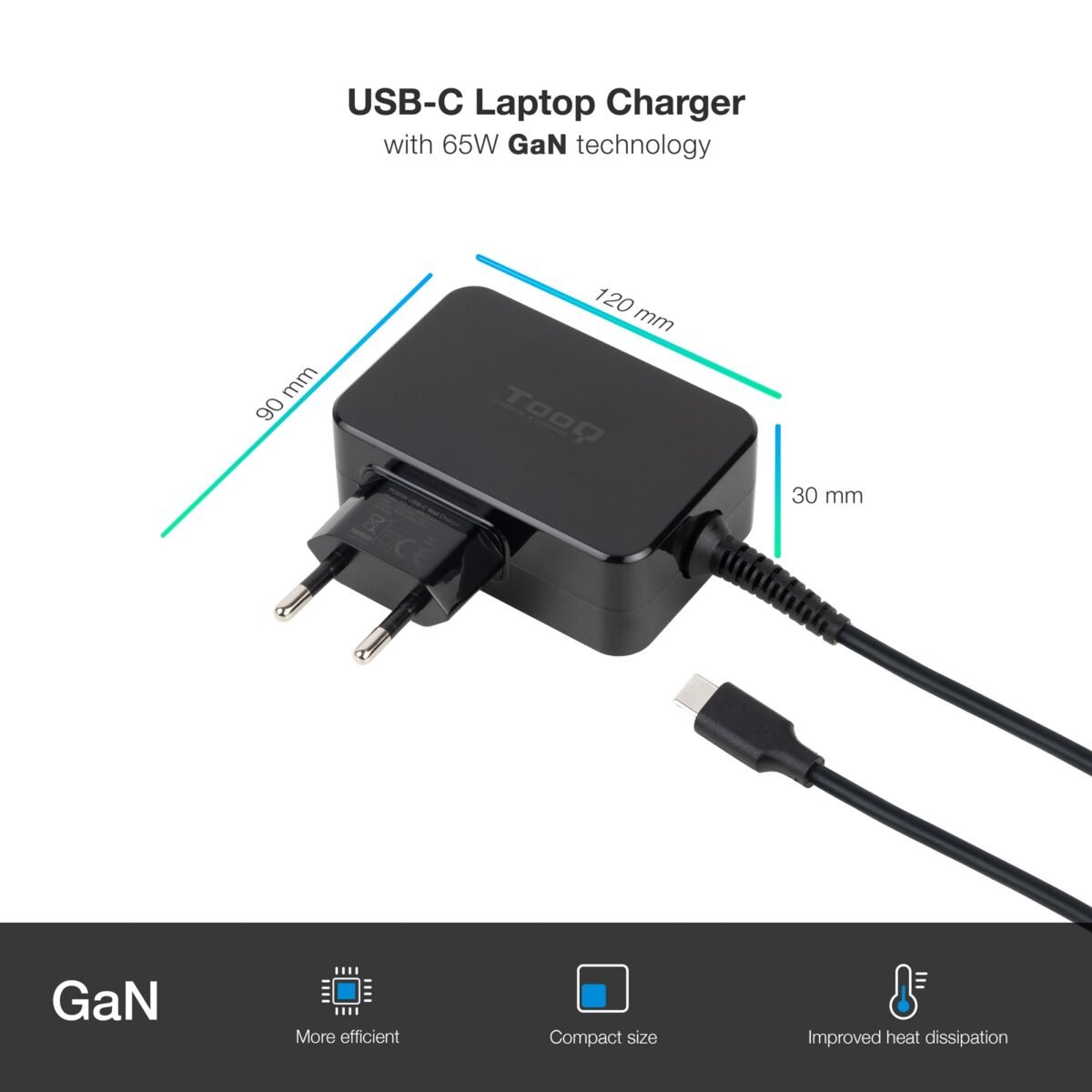 Carregador para Portátil Tooq GAN USB-C PD 65W Preto - Image 3
