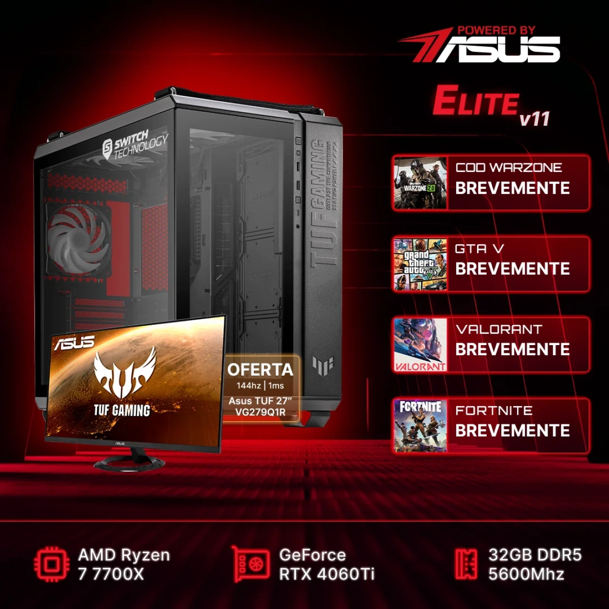 Computador Gaming Elite V11 Powered By ASUS Ryzen 5 7700X 32GB 1TB