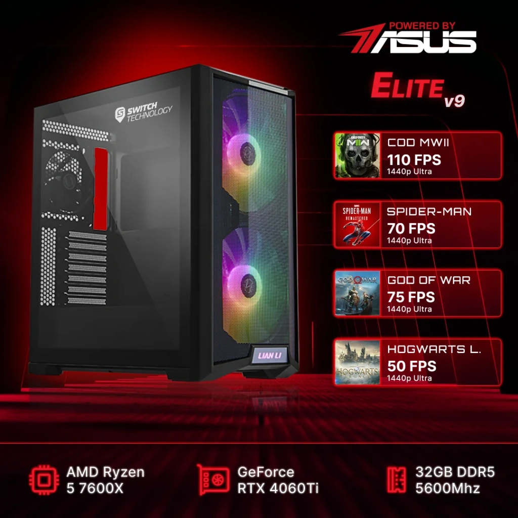 Computador Gaming Elite V9 Powered By ASUS Ryzen 5 7600X 32GB 1TB SSD RTX 4060TI