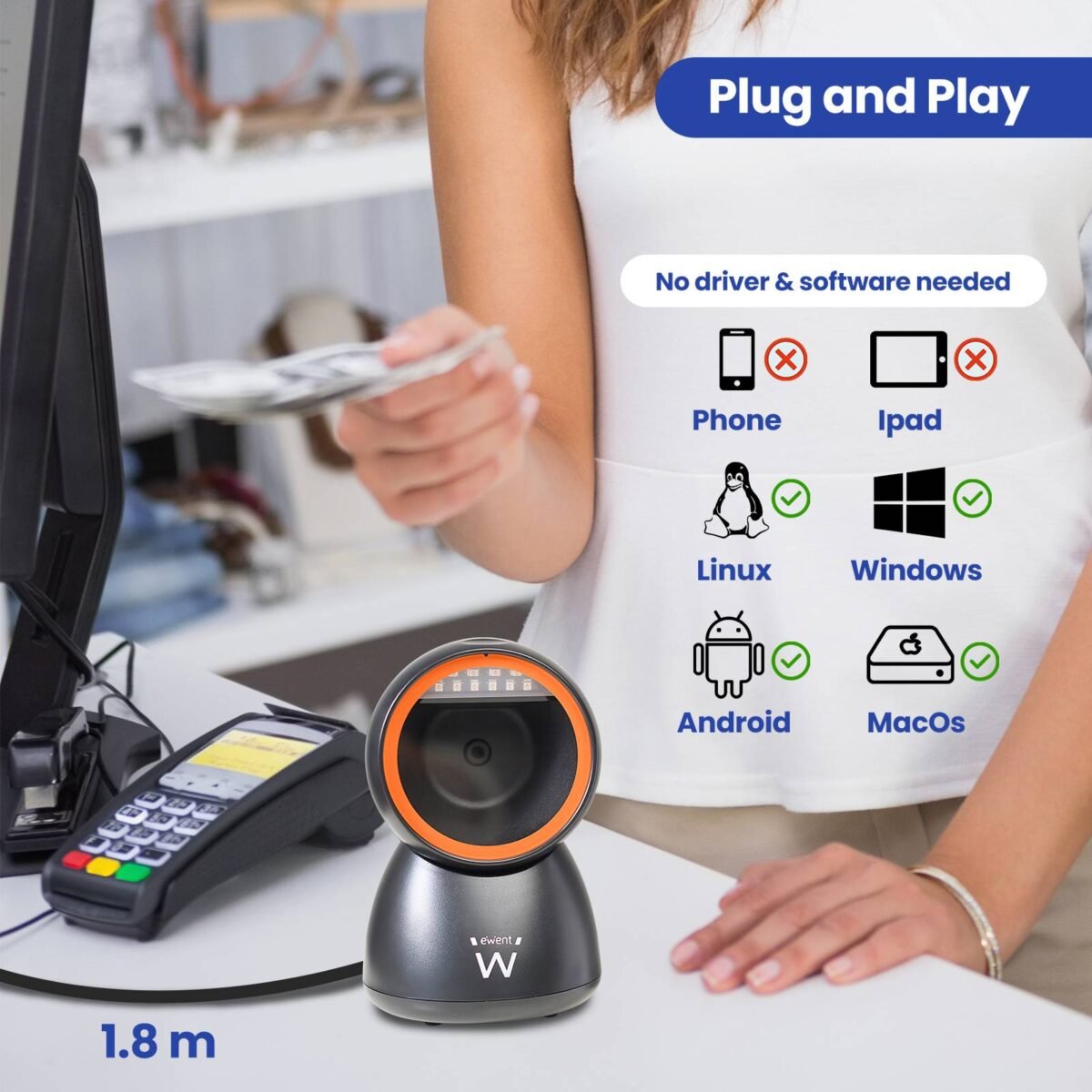 Leitor Código Barras Ewent EW3450 Desktop Hands-Free USB, 1D/2D/QR 360º Preto - Image 3