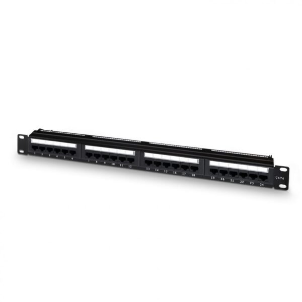 A141-0308 – Painel de conexão UTP RJ45 Cat.6 de 24 portas, 19″ 1U IDC duplo, preto P/N: A141-0308