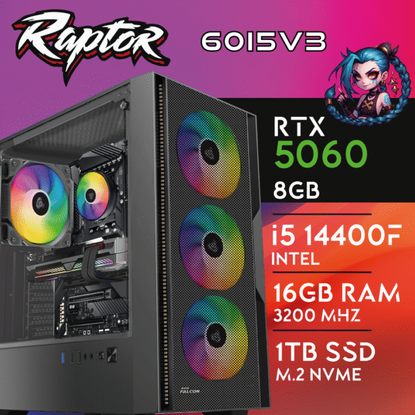 Computador Gaming RAPTOR-60i5V3 I5 14400F 16GB 1TB M.2 RTX5060 8GB