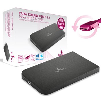 Caixa Externa Para Disco Rigido 2.5 SATA USB C 3.2 5GB Type-c Preta - BLUERAY
