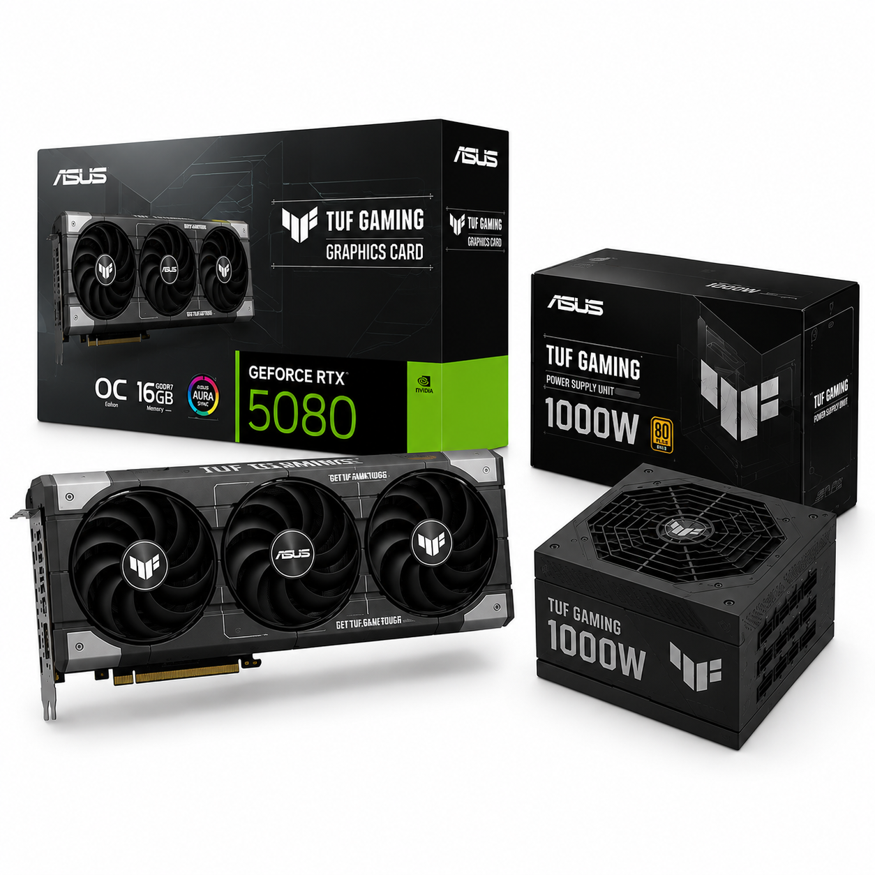 Placa Gráfica Asus TUF Gaming GeForce RTX 5080 16GB GDDR7 OC Edition + Fonte de Alimentação Asus TUF Gaming 1000W 80+ Gold Modular