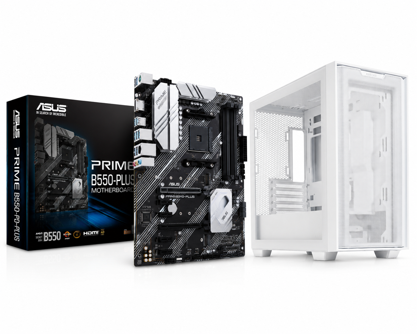 Motherboard Asus PRIME B550-Plus + Caixa Asus A21 Plus ARGB Branca Micro-ATX Vidro Temperado