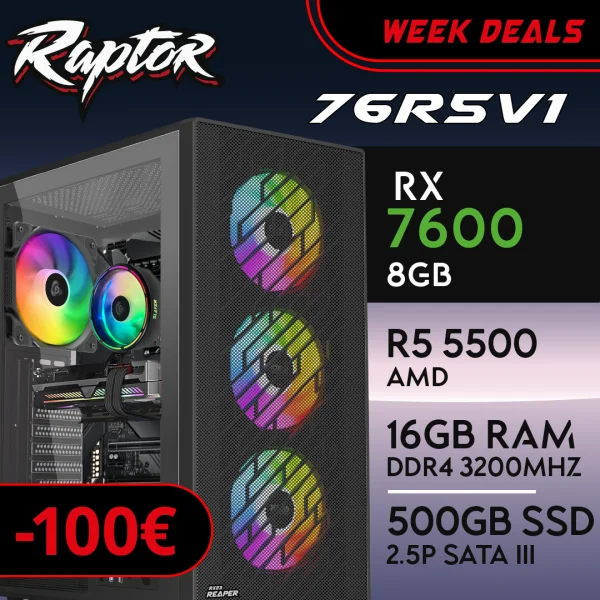 PC Gaming RAPTOR-76R5V1 - R5 5500 | RX7600 8GB | 16GB | SSD 512