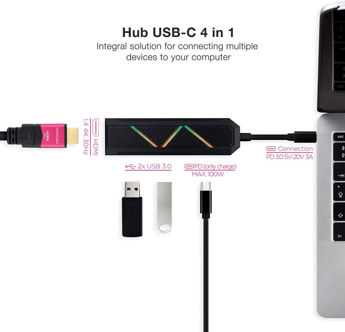Hub USB-C Nanocable 2x USB-A / USB-C PD 3.0 (100W) / HDMI - Image 2