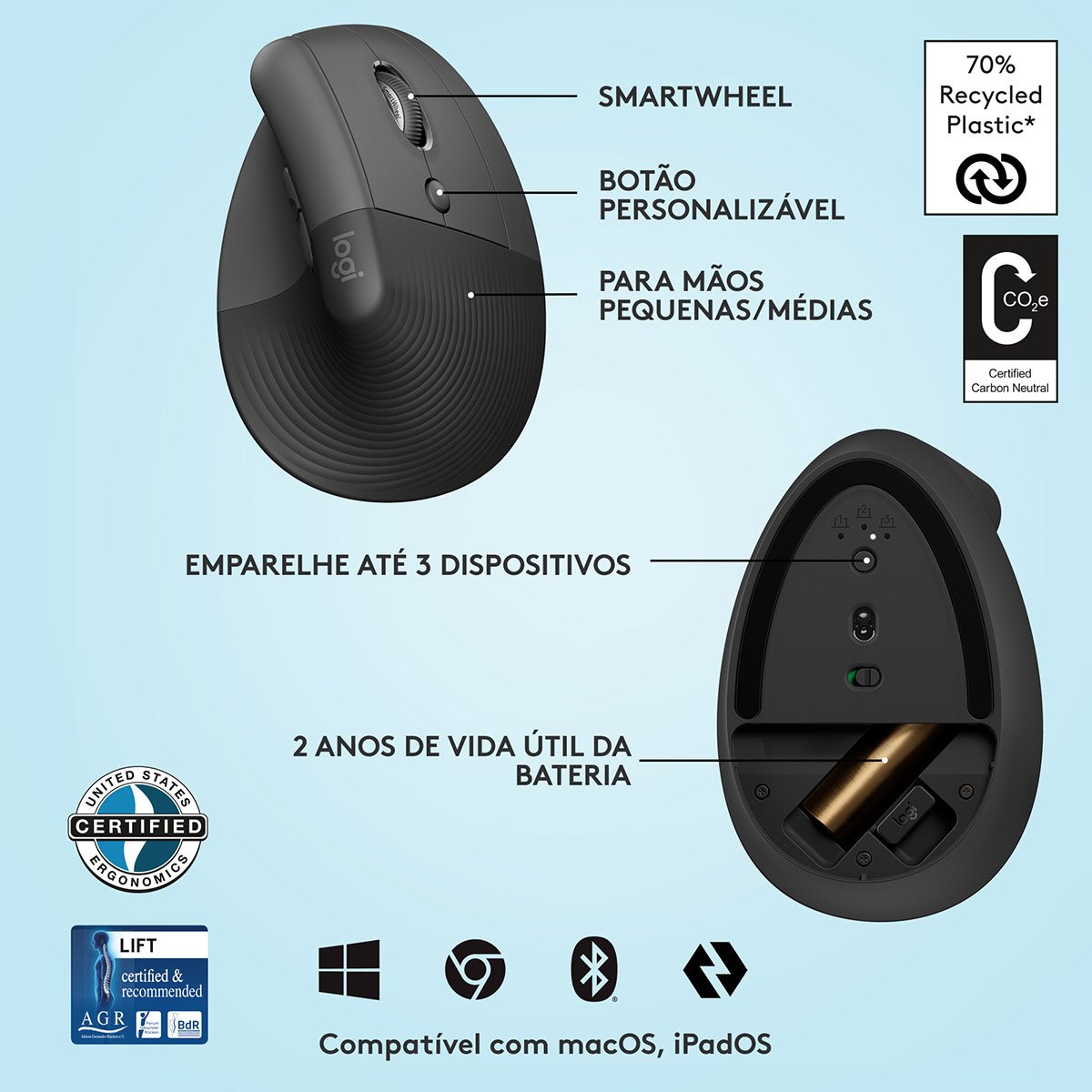 Rato Laser Logitech Lift Vertical Ergonomic Wireless/Bluetooth 4000DPI Graphite - Image 7