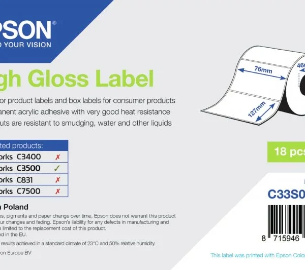 Etiquetas para impressão Epson High Gloss Label 76mmx127mm