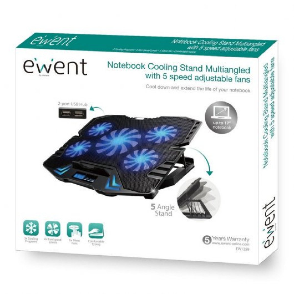 Base Ewent Notebook Cooling EW1259 c/ 2 x USB até 17" - Image 4