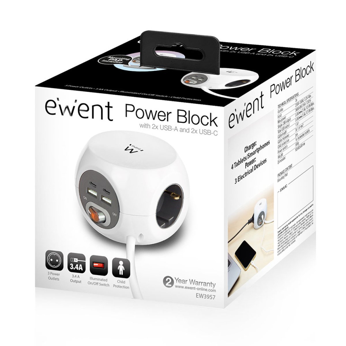 Régua Ewent EW3957 Cubical Power 3 Tomadas Schuko + 4 USB 3.4A Branco - Image 6