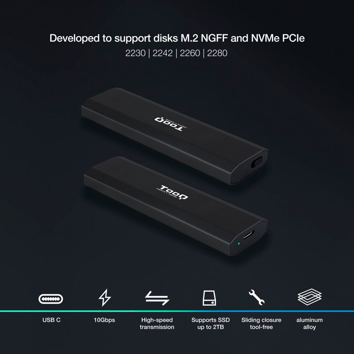 Caixa Externa SSD Tooq M.2 NGFF/NVMe SSD - USB 3.1 Gen 2 Preto - Image 2