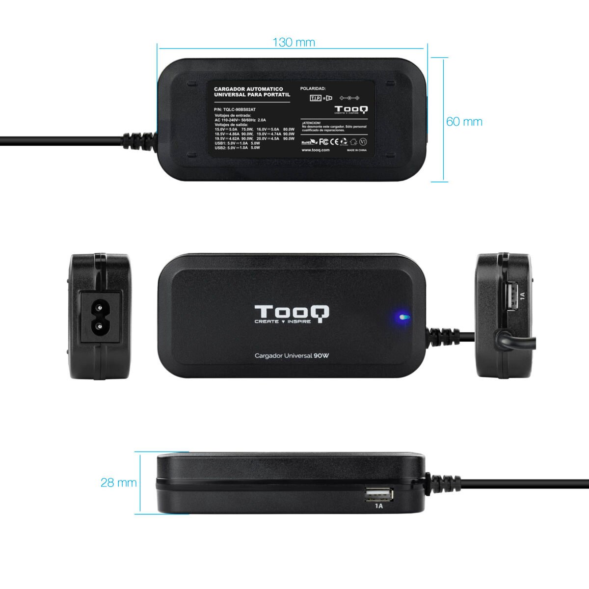 Carregador de Portátil Tooq 90W 2x USB 12 Conectores Preto - Image 4