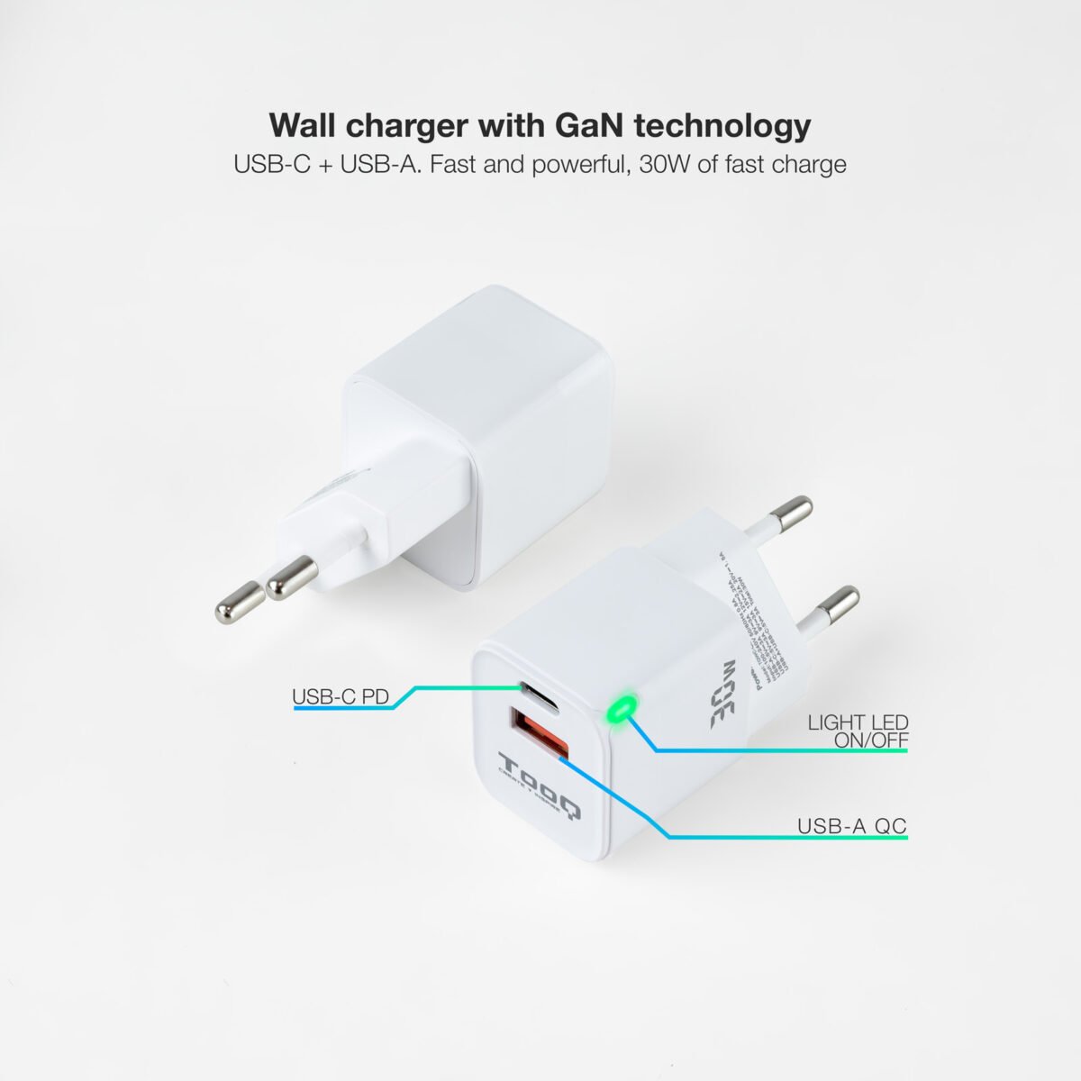 Carregador GaN Tooq USB-C/PD 30W + USB-A/QC 30W - Image 3