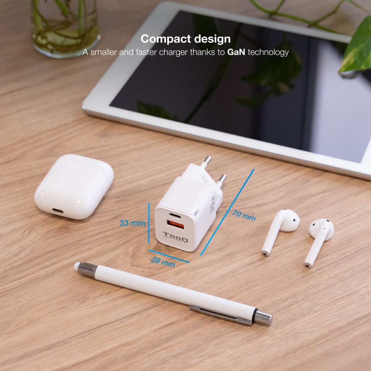 Carregador GaN Tooq USB-C/PD 30W + USB-A/QC 30W - Image 2