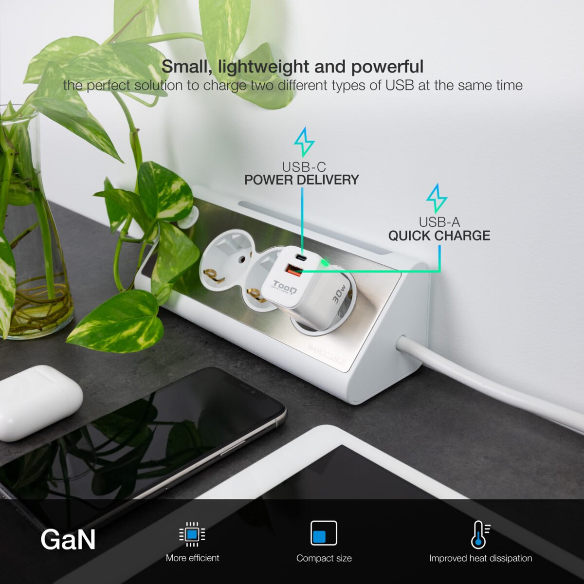 Carregador GaN Tooq USB-C/PD 30W + USB-A/QC 30W - Image 5