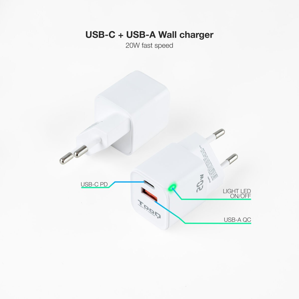 Carregador Tooq USB-C/PD 20W + USB-A/QC 20W - Image 2