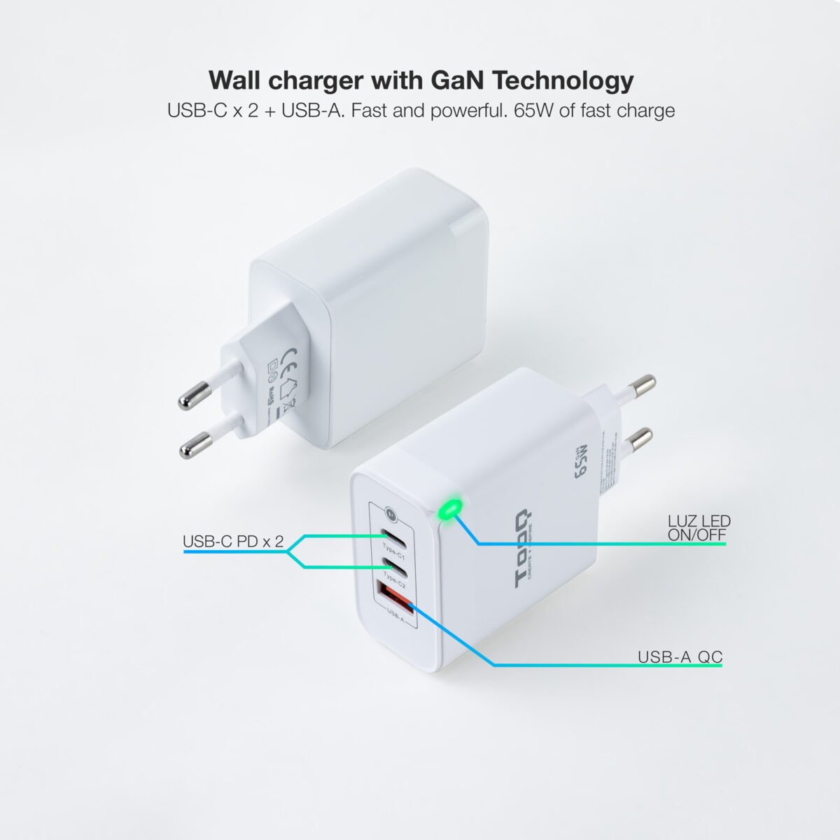 Carregador GaN Tooq 2xUSB-C/PD 65W + USB-A/QC 65W - Image 2