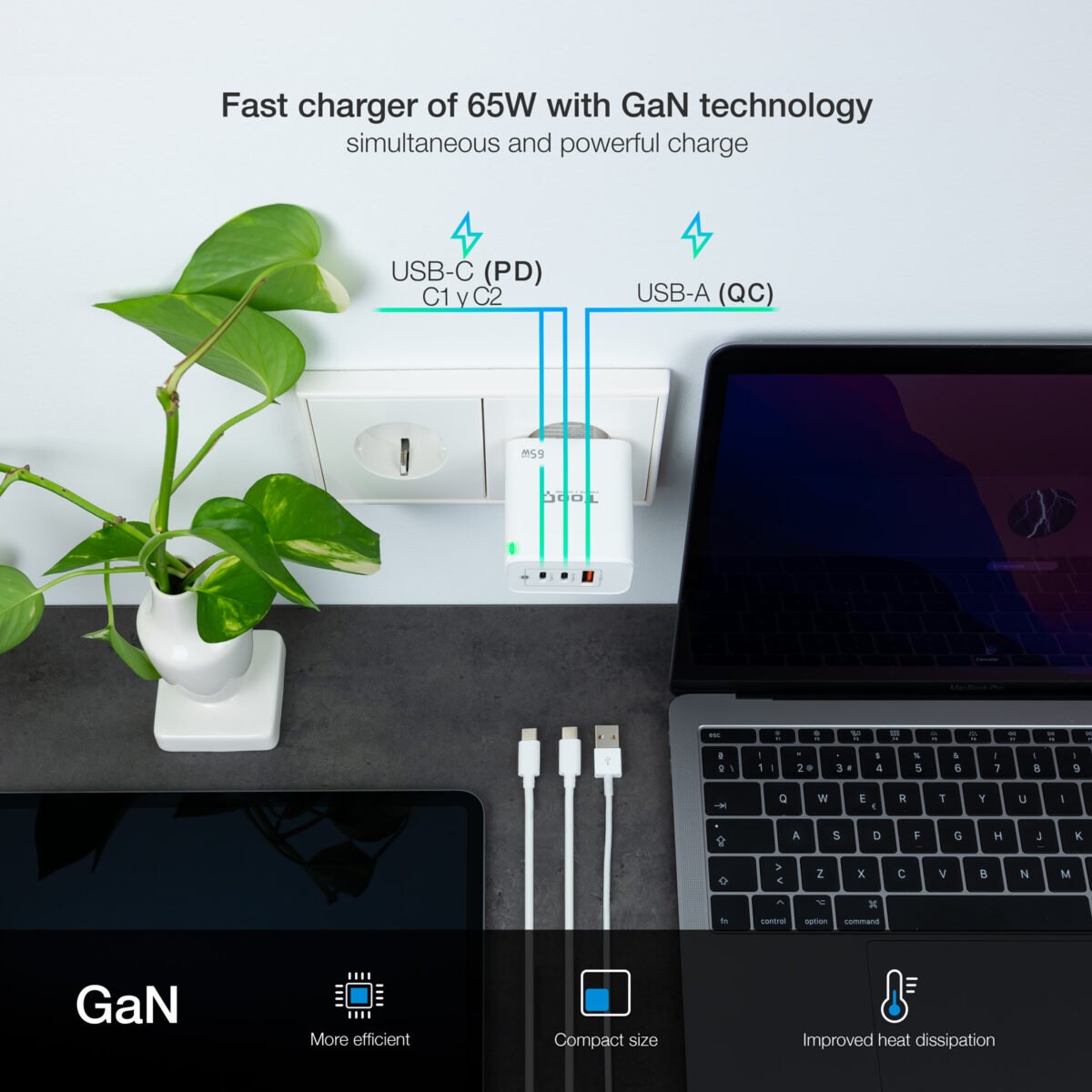 Carregador GaN Tooq 2xUSB-C/PD 65W + USB-A/QC 65W - Image 5