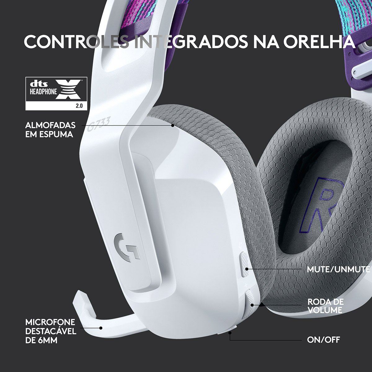 Headset Logitech G733 Lightspeed Wireless RGB Gaming Branco - Image 5