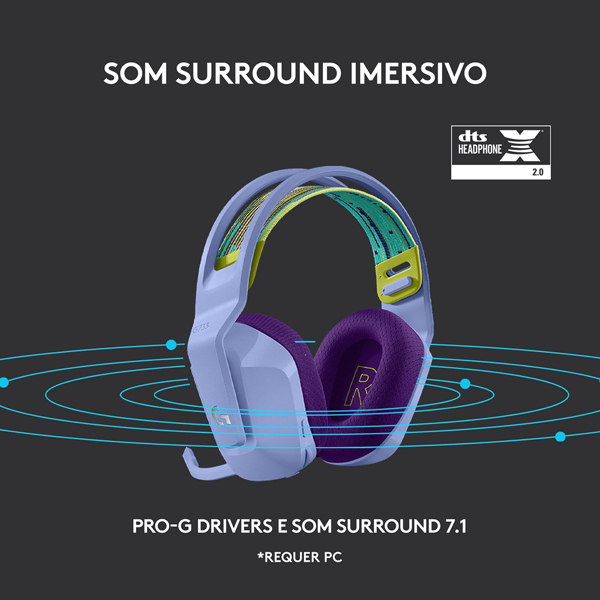 Headset Logitech G733 Lightspeed Wireless RGB Gaming Lilás - Image 7