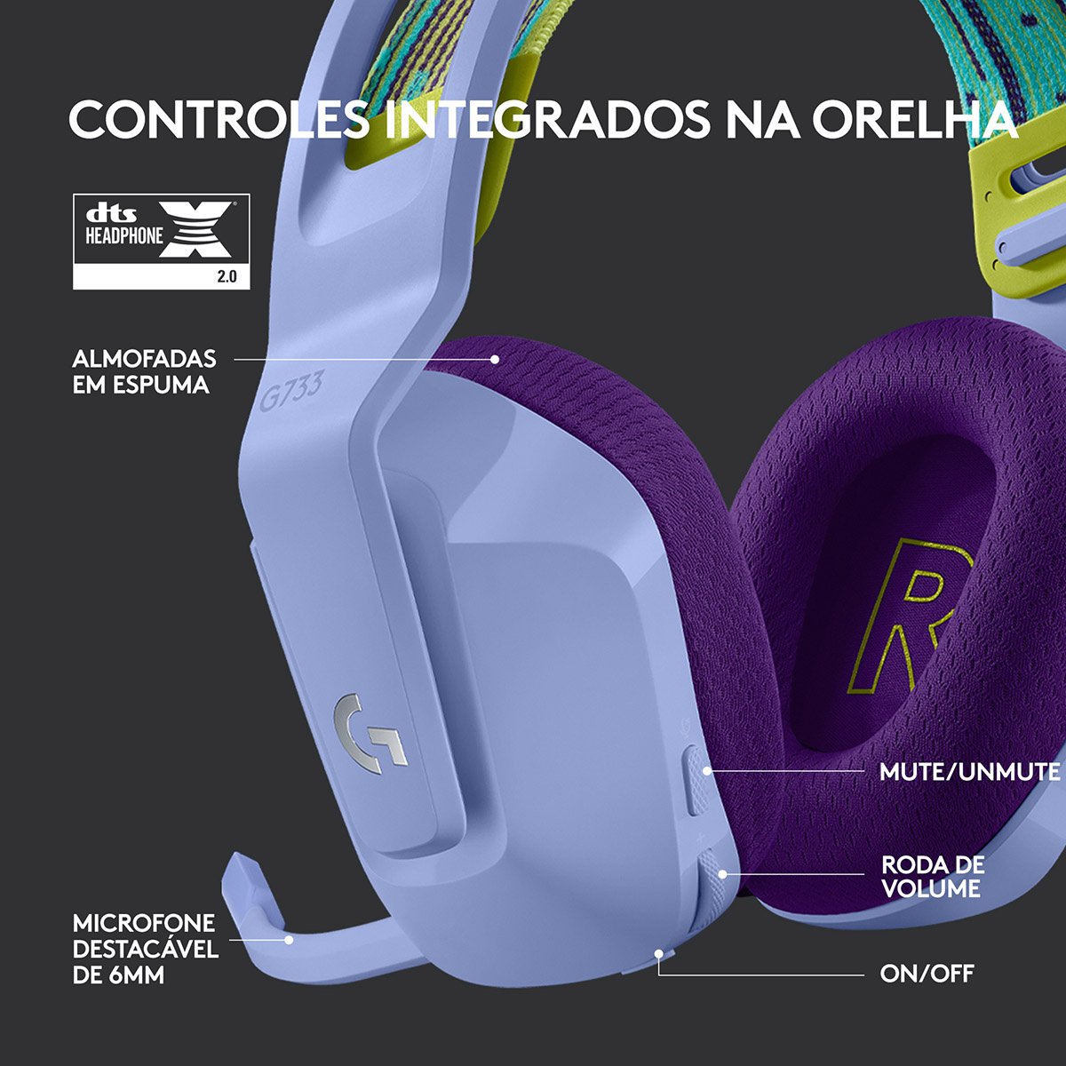 Headset Logitech G733 Lightspeed Wireless RGB Gaming Lilás - Image 5