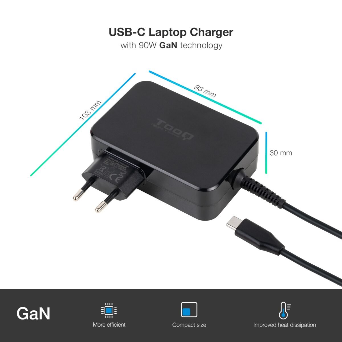 Carregador para Portátil Tooq GAN USB-C PD3.0 90W, Preto - Image 2