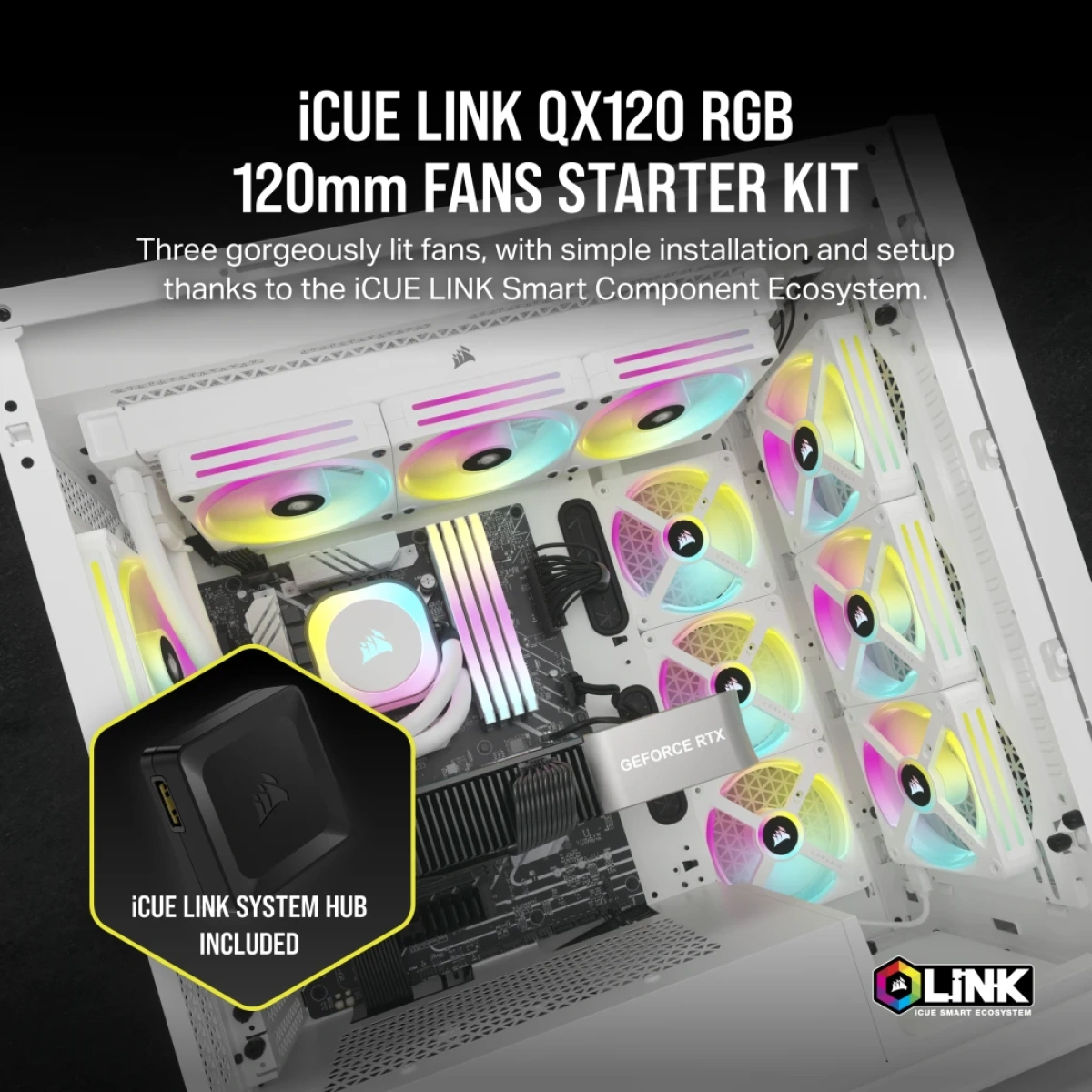 Ventoinha 120mm Corsair ICUE Link QX120 RGB PWM Branca (Pack 3) - Image 2