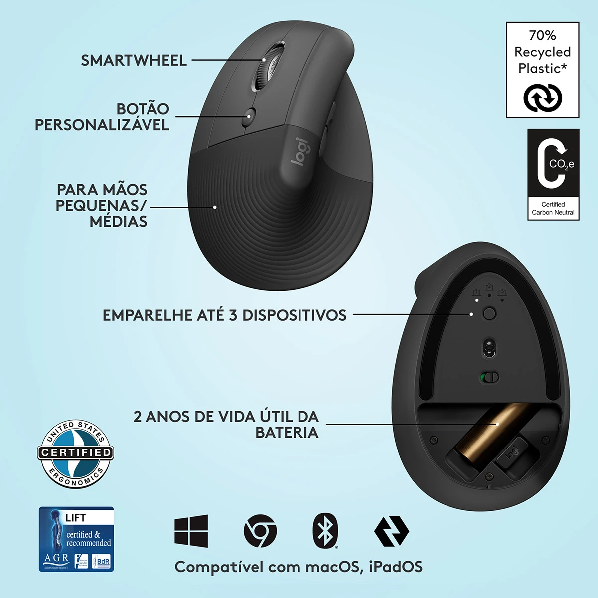 Rato Laser Logitech Lift Left Vertical Ergonomic Wireless/Bluetooth 4000DPI Graphite - Image 1