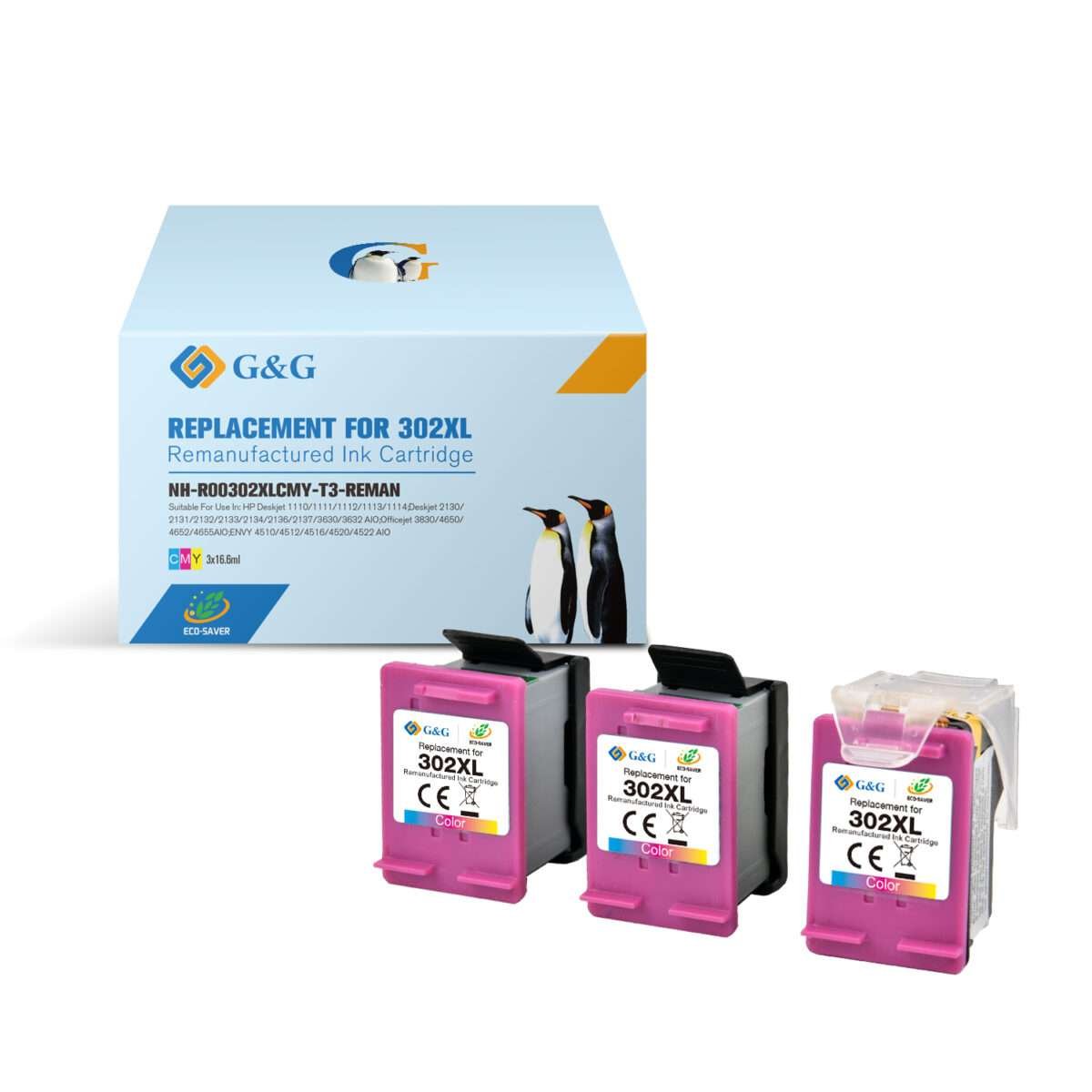 Pack 3 Tinteiros HP 302 XL Tricolores Reciclados (F6U67AE / F6U65AE) - Image 1