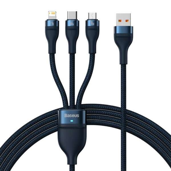 Cabo Baseus Flash USB-A p/ USB-C  Micro USB  Lightning PD 66W 1.2m Azul