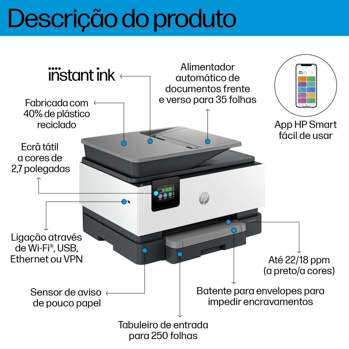 Impressora Jato de Tinta HP OfficeJet Pro 9122e Multifunções (Impressão, Cópia, Digitalização, Fax), Duplex Auto, Wireless - Image 8