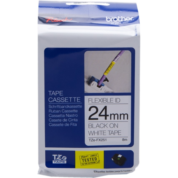 Fita BROTHER Laminada Flexível c/ texto Preto e fundo Branco 24mm x 8m