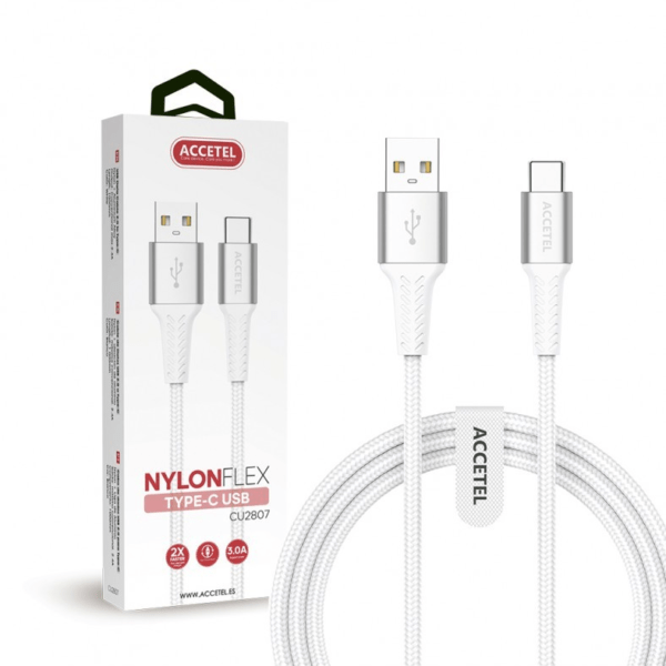 Cabo Nylon Flex 3.0A - USB a USB-C Blanco (1M)