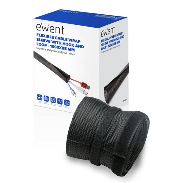 Manga Flexível Ewent EW1557 p/ Organizar Cabos com Fecho 1000x85mm Preta
