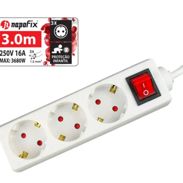 Extensão Elétrica Napofix 3 Tomadas 3M 3680W 16A 250V Branco