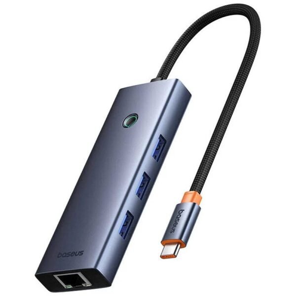 Adaptador USB-C Baseus UltraJoy Series 5-em-1 3x USB-A + USB-C 100W + RJ45 Cinza