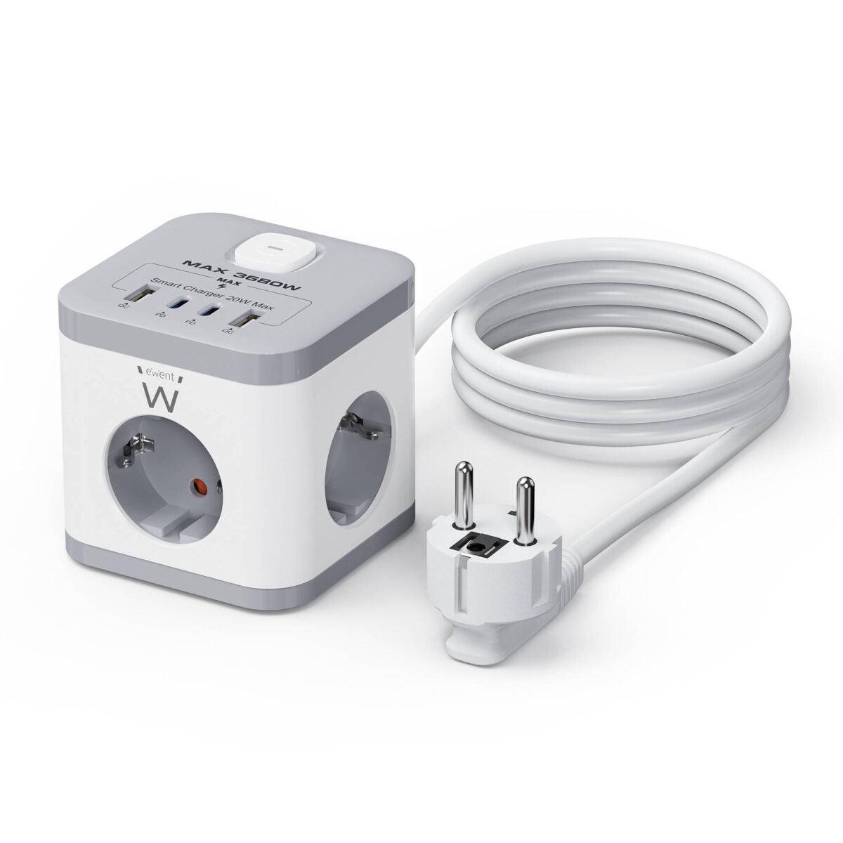 Bloco Tomada Ewent EW3863 Power Tower 3 Tomadas Schuko 16A + 2 USB-A + 2 USB-C 2m Branca/Cinza - Image 1