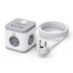Bloco Tomada Ewent EW3863 Power Tower 3 Tomadas Schuko 16A + 2 USB-A + 2 USB-C 2m Branca/Cinza