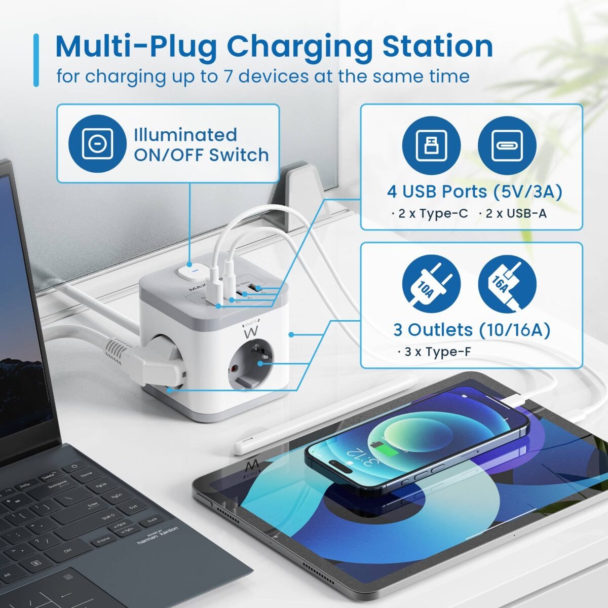 Bloco Tomada Ewent EW3863 Power Tower 3 Tomadas Schuko 16A + 2 USB-A + 2 USB-C 2m Branca/Cinza - Image 7