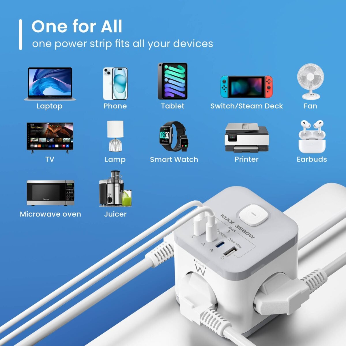 Bloco Tomada Ewent EW3863 Power Tower 3 Tomadas Schuko 16A + 2 USB-A + 2 USB-C 2m Branca/Cinza - Image 6