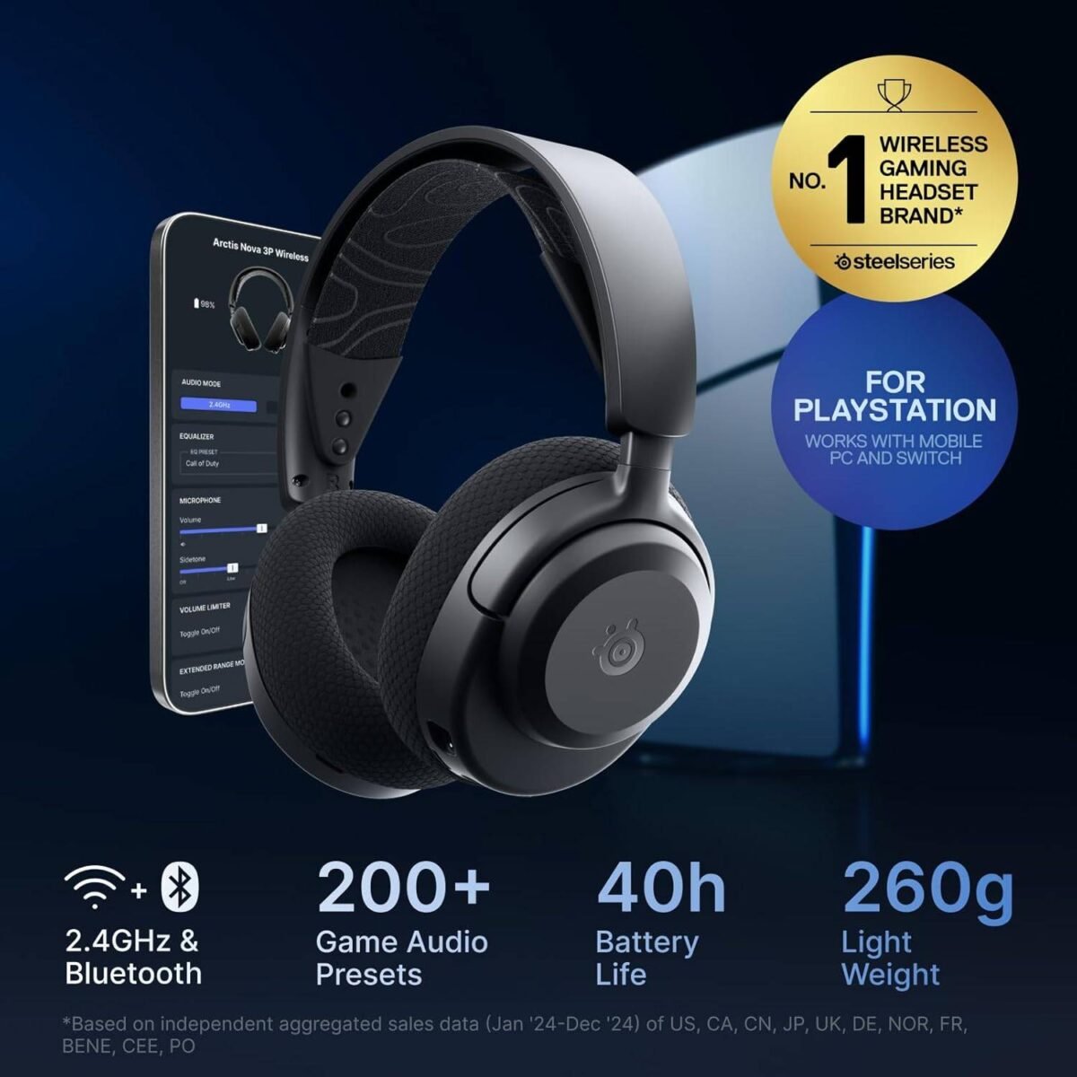 Headset Steelseries Arctis Nova 3P Wireless Multi-Platform Gaming 2.4GHz/Bluetooth for Playstation/PC/Switch/Mobile Preto - Image 7