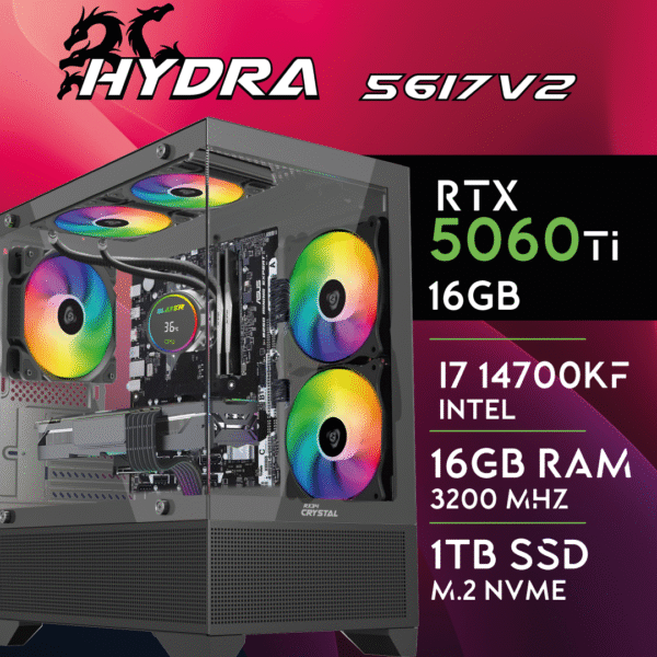 Computador Gaming HYDRA-56i7V2 I7 14700KF 16GB 1TB M.2 SSD RTX5060 8GB 3D View Case + Watercooling