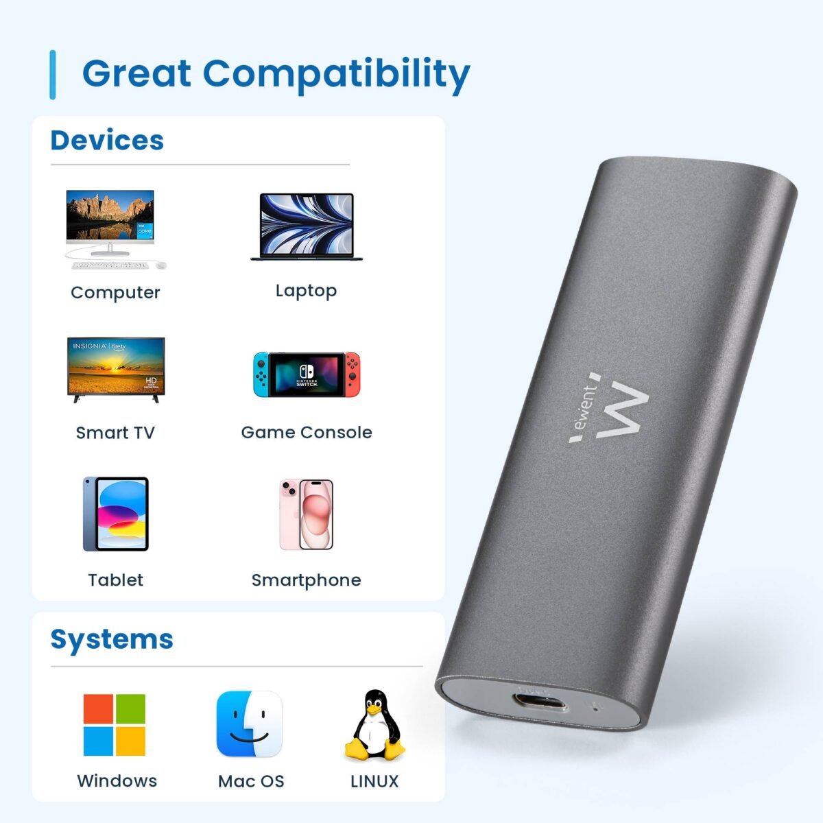 Caixa Externa M.2 Ewent EW7060 USB-C 3.2 Gen2 NVMe Cinza Screwless - Image 2