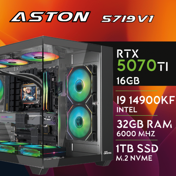 Computador Gaming ASTON-57i9V1 I9 14900KF 32GB 1TB M.2 SSD RTX5070Ti 16GB 3D VIEW CASE Watercooling 360mm IPS LCD