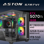 Computador Gaming ASTON-57R7V1 R7 7800X3D 32GB 1TB M.2 SSD RTX5070Ti 16GB 3D VIEW CASE Watercooling 360mm