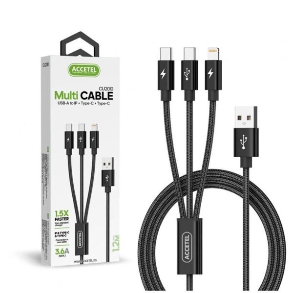 Cabo de Carregamento 3 em 1 (Lightning + USB-C duplo) 3.6A 1.2M Accetel CU2010